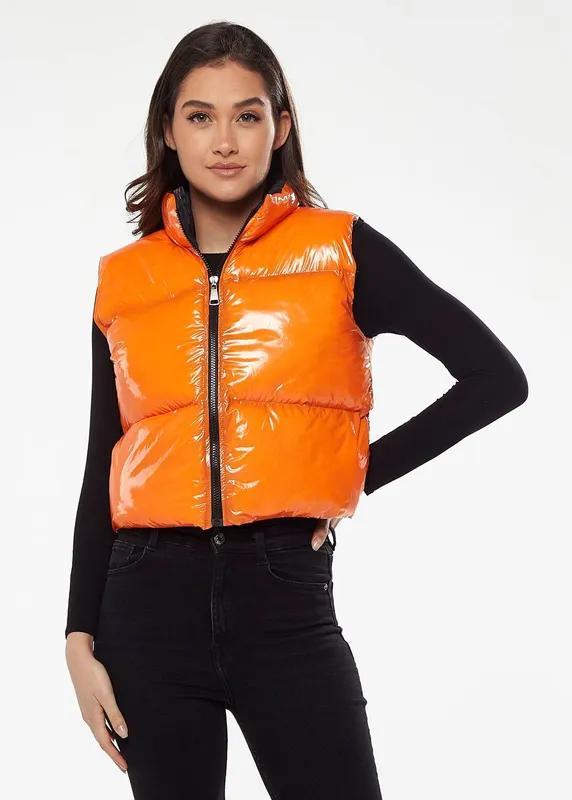 Liquorish Women's Wet Look Gilet in Orange Size: Medium Orange