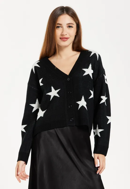 Liquorish Women's White Star Cardigan In Black Size: Large Black L