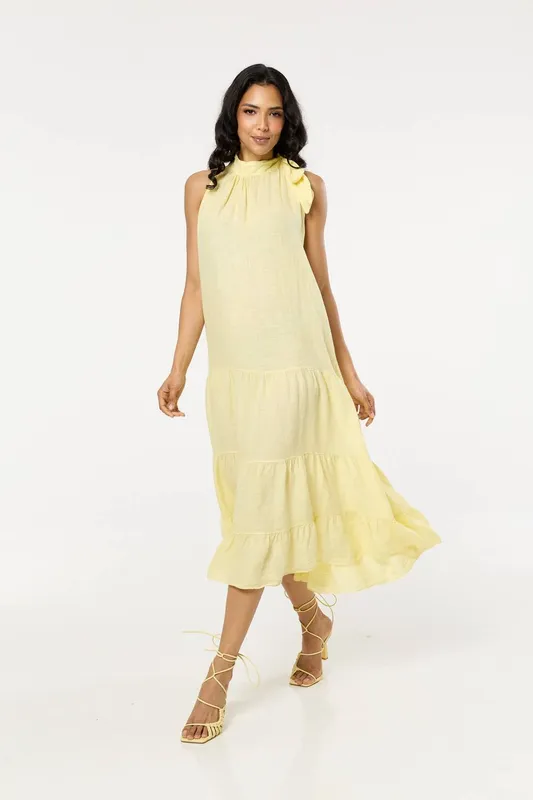 Liquorish Women's Yellow Linen Tie Neck Tiered Maxi Dress - Yellow