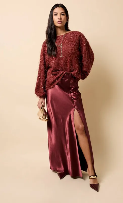 Little Mistress Women's Cherry Satin Maxi Skirt in Red Size: 14 Red female