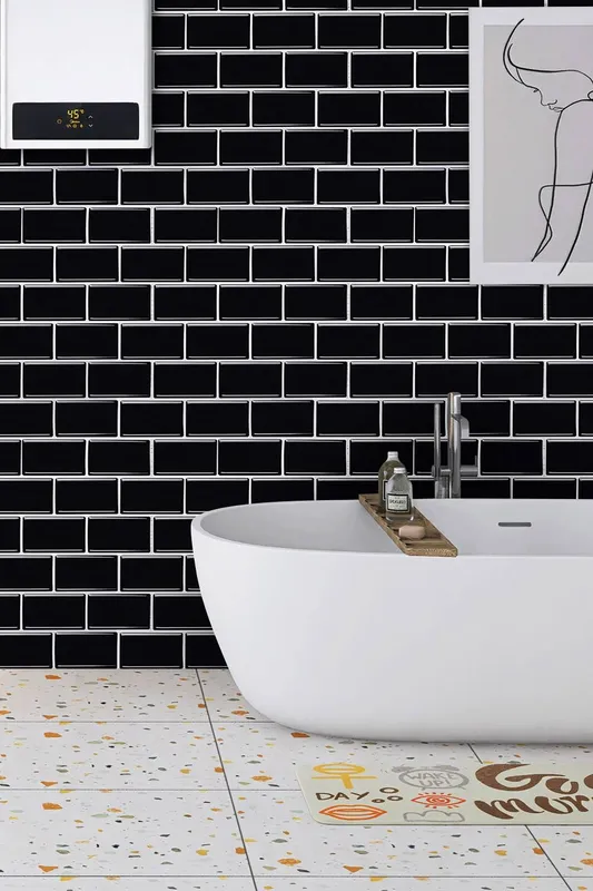 Living and Home 10 Pcs Peel and Stick Wall Tile Stickers in Black Black