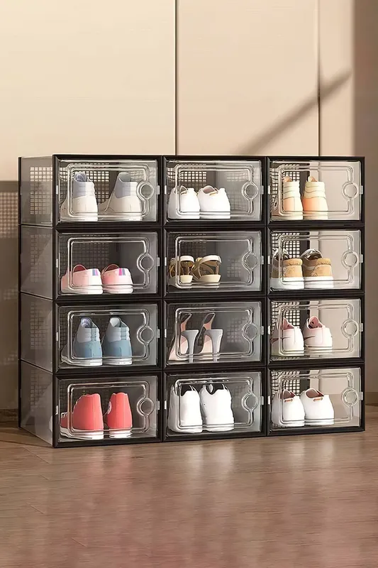 Living and Home 12 Pieces Stackable Shoe Storage Box Organiser Black - Black - Size: One Size