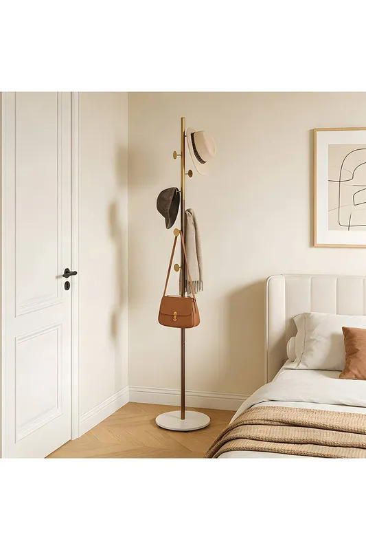 Living and Home 170cm Freestanding Coat Rack with 8 Hooks, Marble Base in Gold Gold