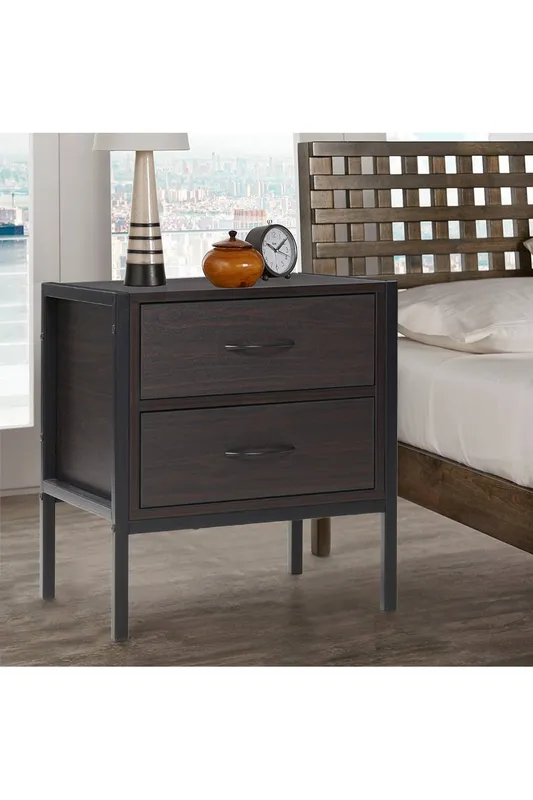 Living and Home 2 Drawers Retro Style Wooden Bedside Cabinet in Black - Black