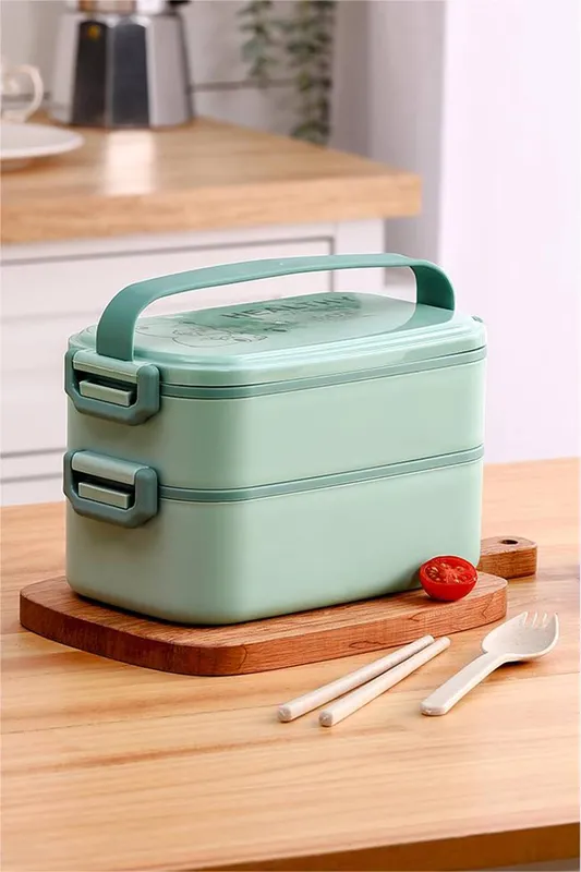 Living and Home 2 Layer Stackable Bento Lunch Box with Handle & Cutlery in Light Green - Light Green - Size: One Size