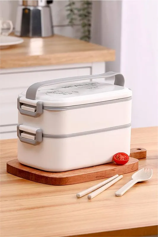 Living and Home 2 Layer Stackable Bento Lunch Box with Handle & Cutlery in White - White - Size: One Size