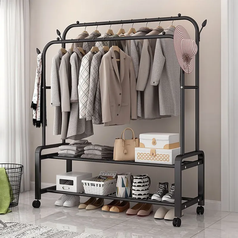 Living and Home 2-Rod Clothes Rack Garment Holder with Wheels & 2-tier Storage Shelf in Black Black