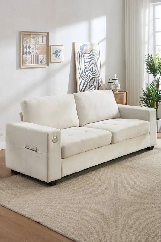 Living and Home 2-Seater Chenille Upholstered Sofa in White White