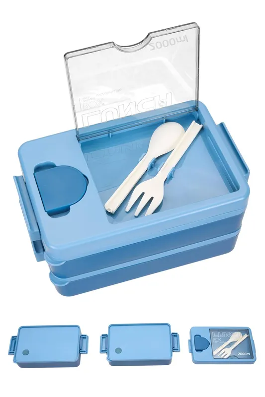 Living and Home 2000ml 2-Tier Lunch Box with Cutlery & Sauce Container in Blue Blue