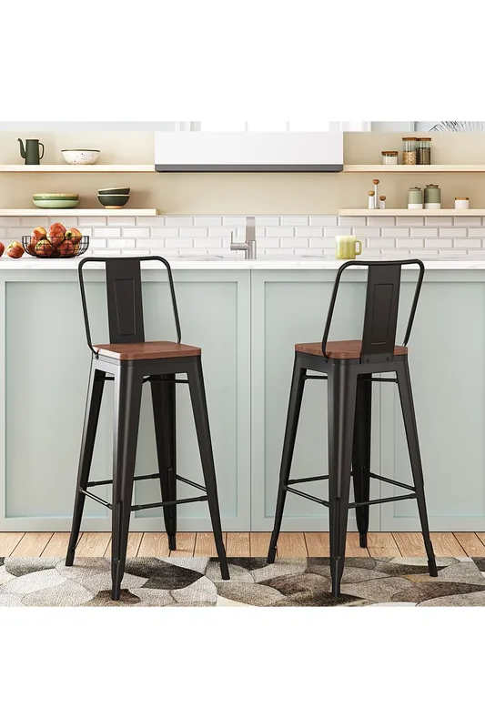 Living and Home 2Pcs Metal Frame High Chair Industrial Style Bar Stool in Brown Brown