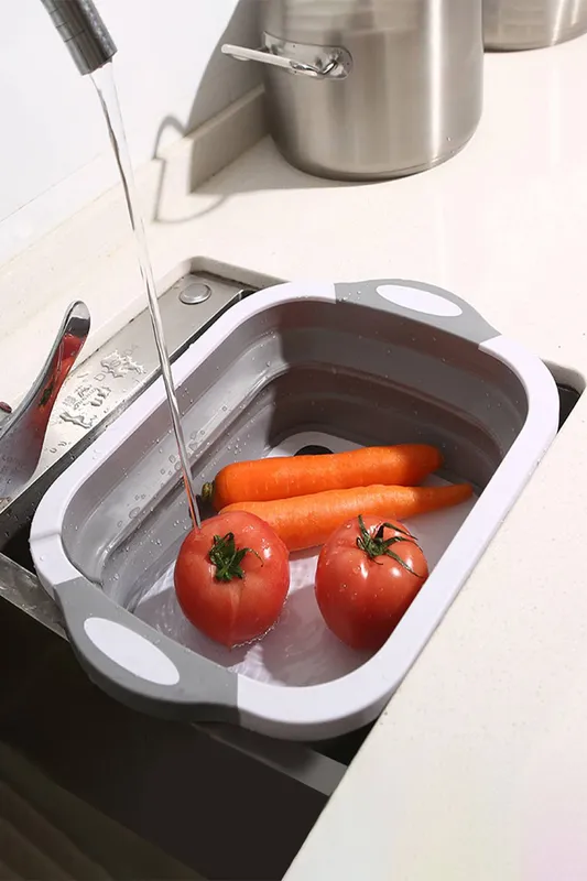 Living and Home Unisex 3-in-1 Collapsible Cutting Board Drain Basket Dish Tub in Grey Grey female