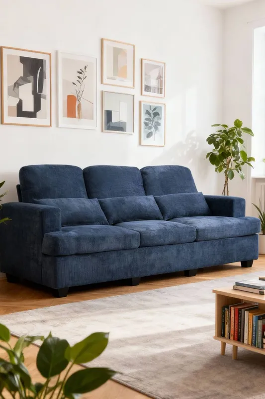 Living and Home 3-Seater Chenille Upholstered Sofa with Pillows in Blue - Blue