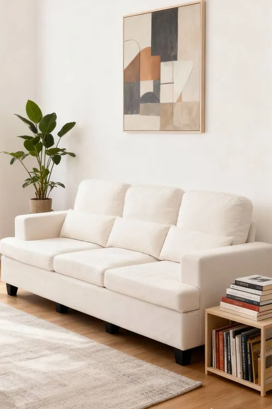 Living and Home 3-Seater Chenille Upholstered Sofa with Pillows in White White