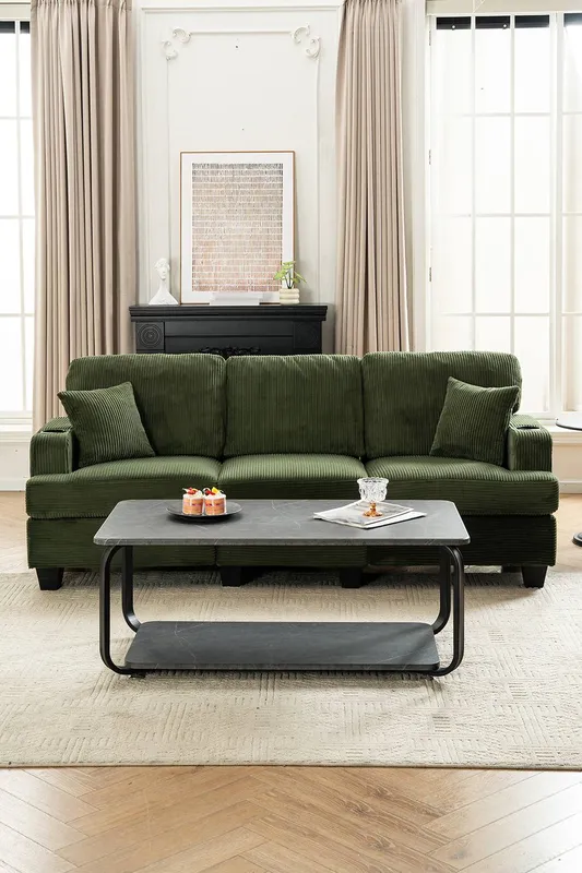 Living and Home 3-Seater Corduroy Upholstered Sofa with Throw Pillows in Green - Green