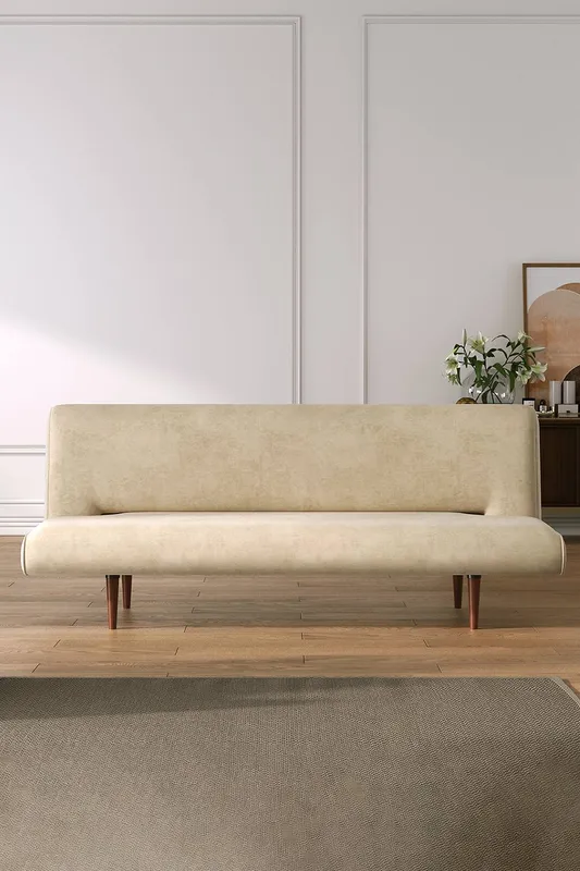 Living and Home 3 Seater Upholstered Sofa Bed with Wood Legs in Khaki - Khaki