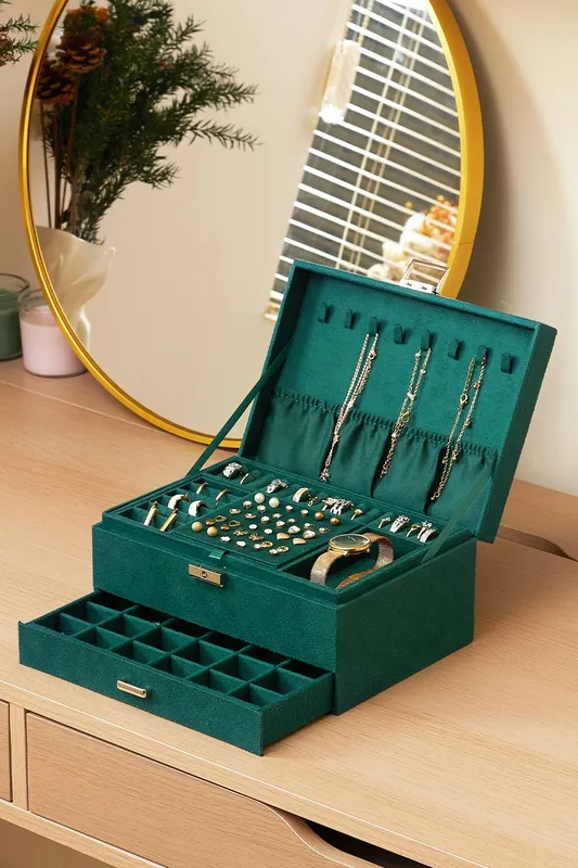 Living and Home 3-Tier Dark Green Jewelry Box with Lock Dark Green
