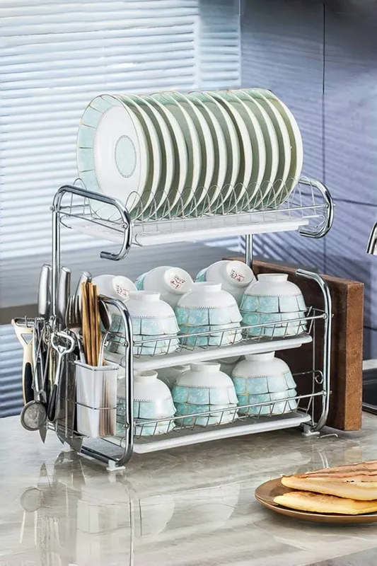 Living and Home 3-Tier Metal Dish Drainer Rack Storage Shelf Stainless Stand Bowl Plate Dryer Tray Kitchen with Kitchenware Storage Rack in White - White