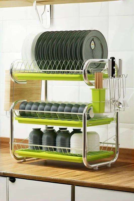 Living and Home Unisex 3-Tier Metal Dish Drainer Rack Storage Stainless Stand Bowl Plate Dryer Tray Kitchen in Green Green female