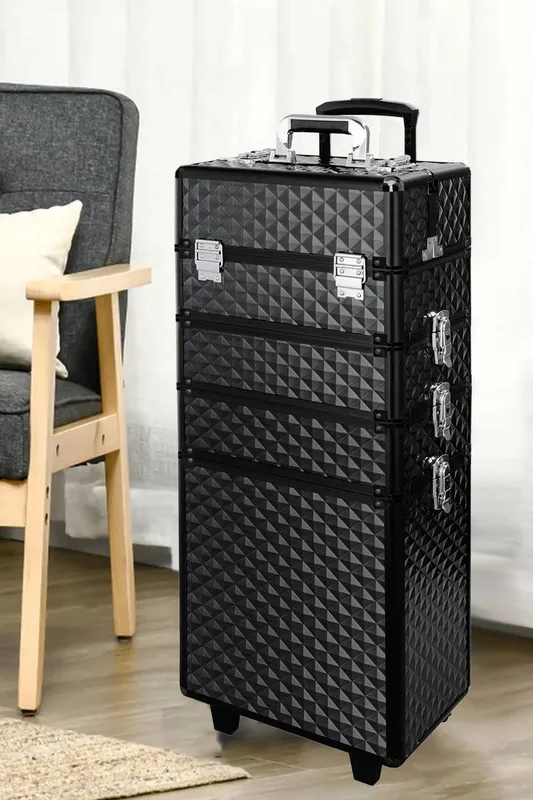 Living and Home 4 in 1 Professional Rolling Cosmetic Train Case Trolley Case Beauty Storage Box for Hairdressing Beauty in Black - Black