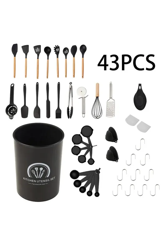 Living and Home 43-Piece Silicone Kitchen Cooking Utensil Set Kitchenware Cookware Kit in Black - Black