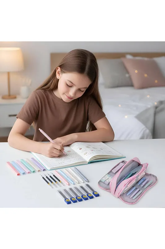 Living and Home Unisex 47Pcs Stationery Set w/ Pink Pencil Case Multicolor female
