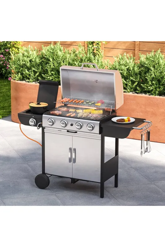 Living and Home 5-Burner Silver Outdoor Gas Grill with Side Burner - 56" Stainless Steel Bbq & Warming Rack - Silver