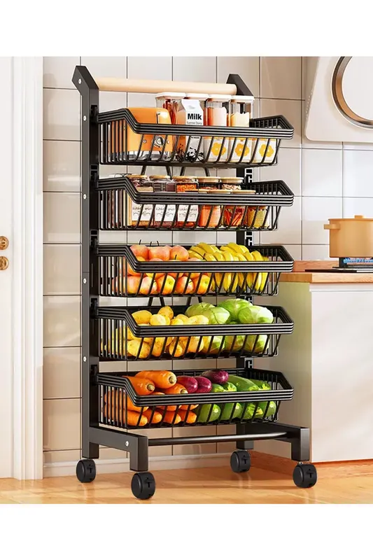 Living and Home 5-Tier Kitchen Trolley Vegetable Fruit Storage Rack Cart in Black Black