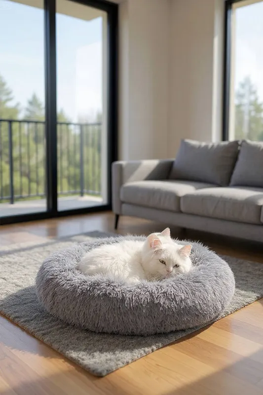 Living and Home 50x50cm Calming Round Donut Plush Cat Cuddler Bed in Grey - Grey