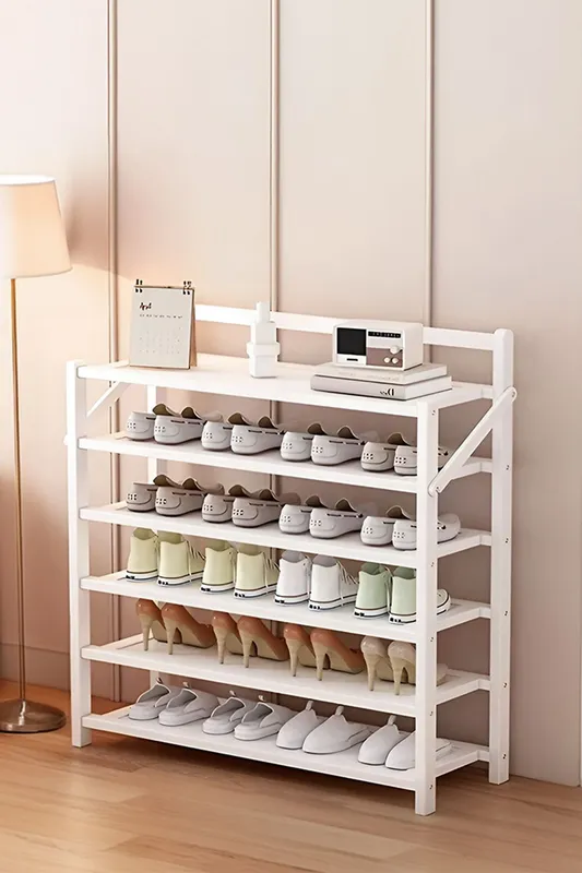 Living and Home 6-Tier Bamboo Foldable Shoe Rack Entrance Shoe Storage in White - White