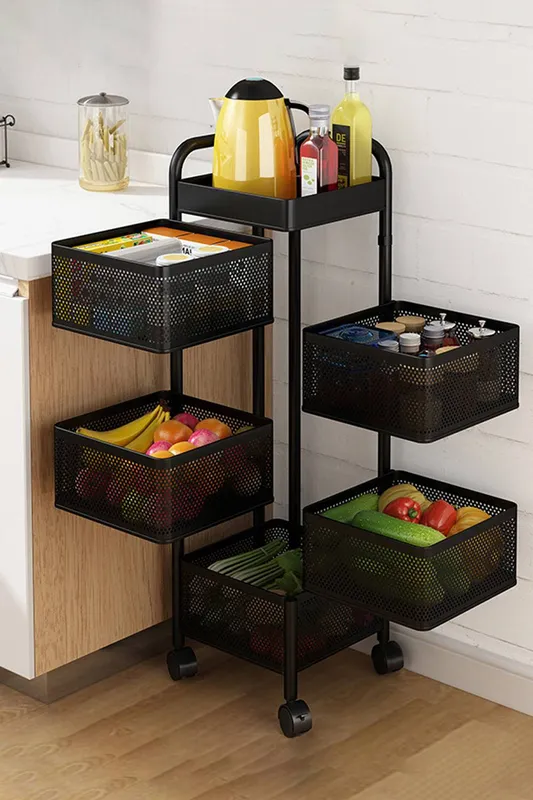 Living and Home 6-Tier Rotating Storage Rack Detachable Trolley Cart Kitchen Vegetable Fruit Organizer with Wheels in Black Black