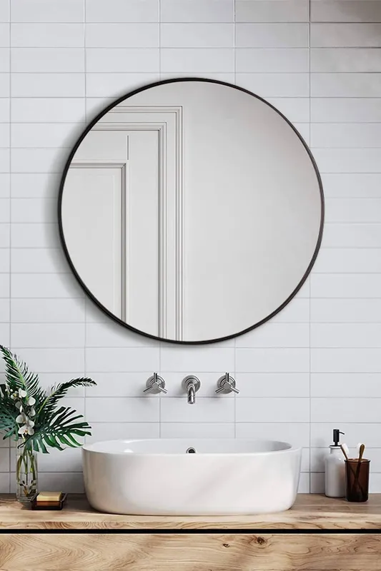 Living and Home 60cm Nordic Black Round Wall Mirror - Black