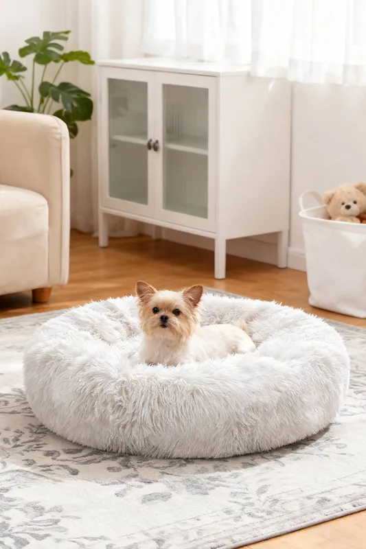 Living and Home 70x70cm Calming Round Donut Plush Pet Cuddler Bed in White Size: 70cm x 70cm - White