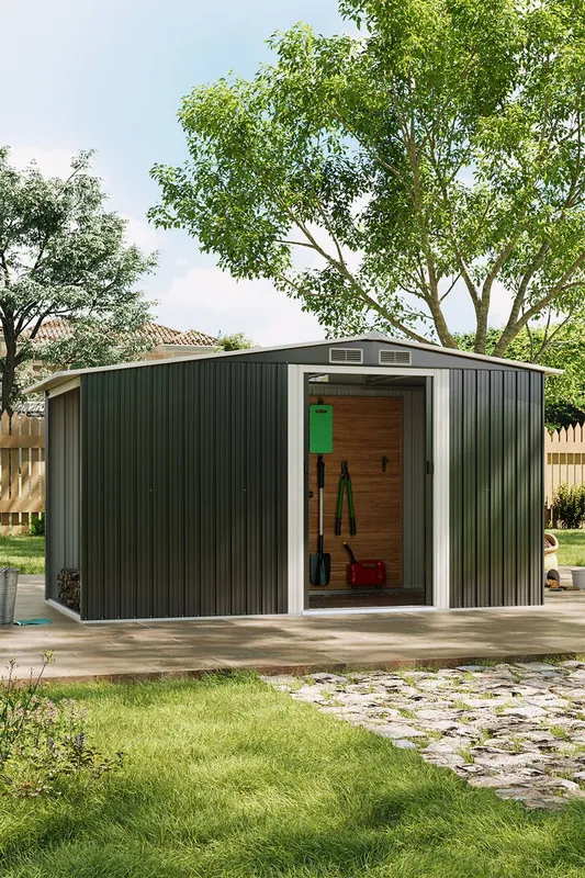 Living and Home 8x4 FT Garden Metal Storage Shed with 4.3x2.1 FT Log Store, Double Doors Lockable Weatherproof Outdoor Shed for Garden Tools in Grey Grey