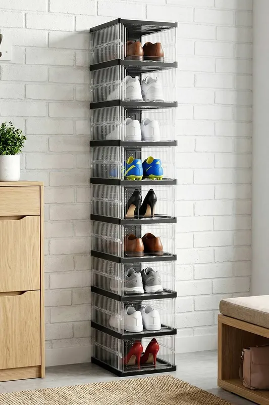 Living and Home 9-Tier Foldable Shoe Cabinet Shoe Storage Box in Black Black