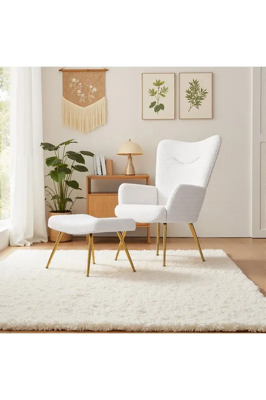 Living and Home Accent Chair with Footstool Set in White - White