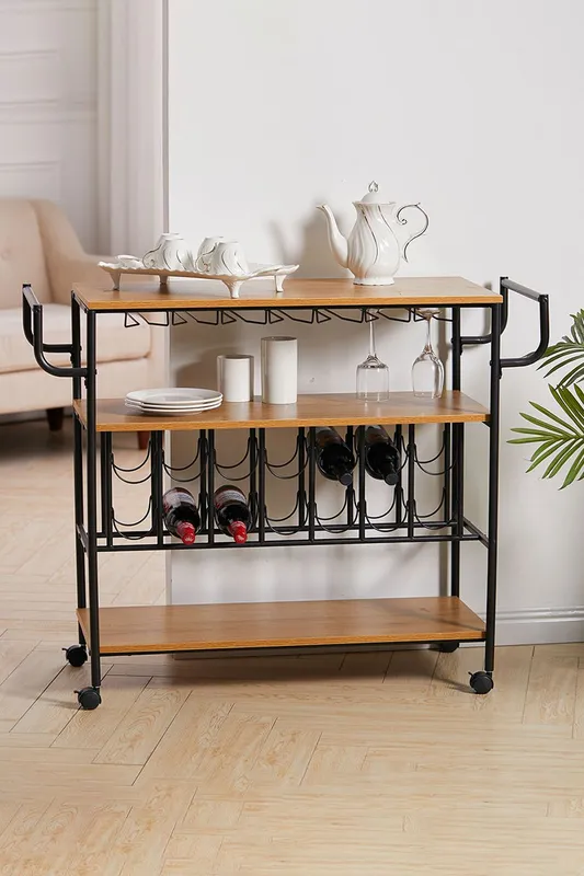 Living and Home Bar Serving and Drink Storage Mobile Cart with Wine Rack and Glass Holder in Brown Brown