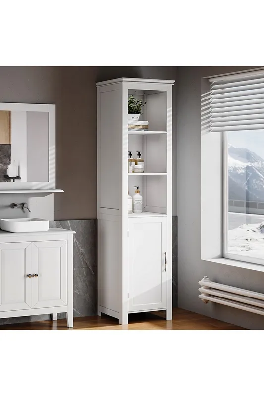Living and Home Bathroom Freestanding Tall Cabinet with Door in White - White