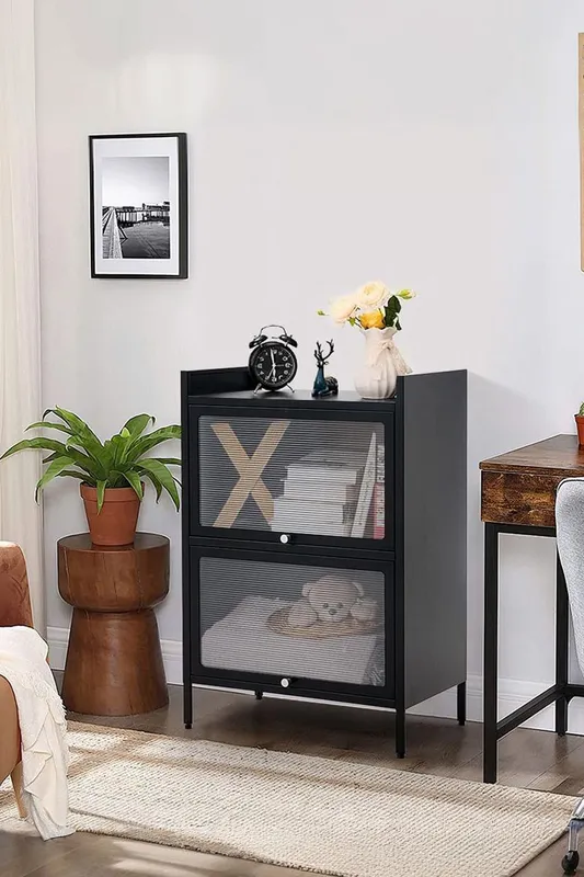 Living and Home Black Steel File Cabinet with Transparent Flip-Up Door - Black