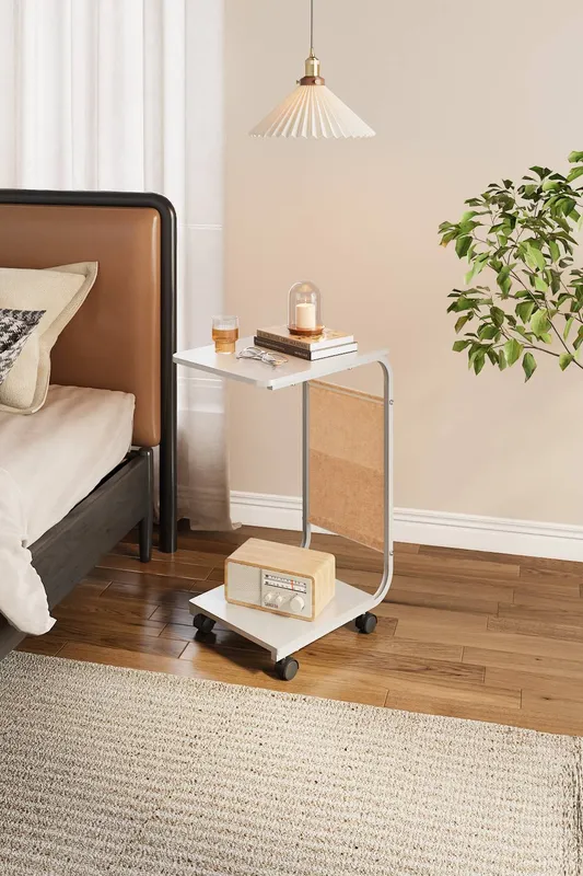Living and Home C-Shaped Side Table with Storage Bag in White - White - Size: One Size