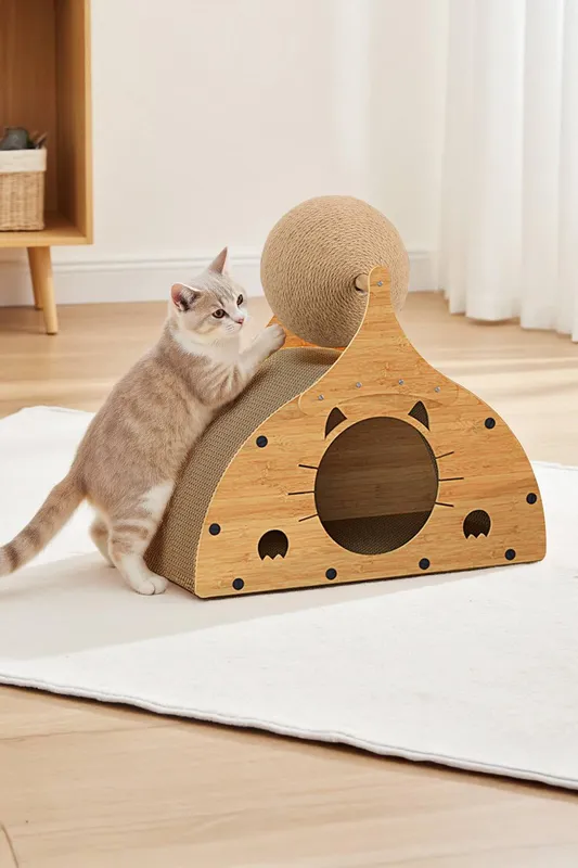 Living and Home Cat Scratching Board Pet Cardboard Bed with Sisal Ball in Brown - Brown