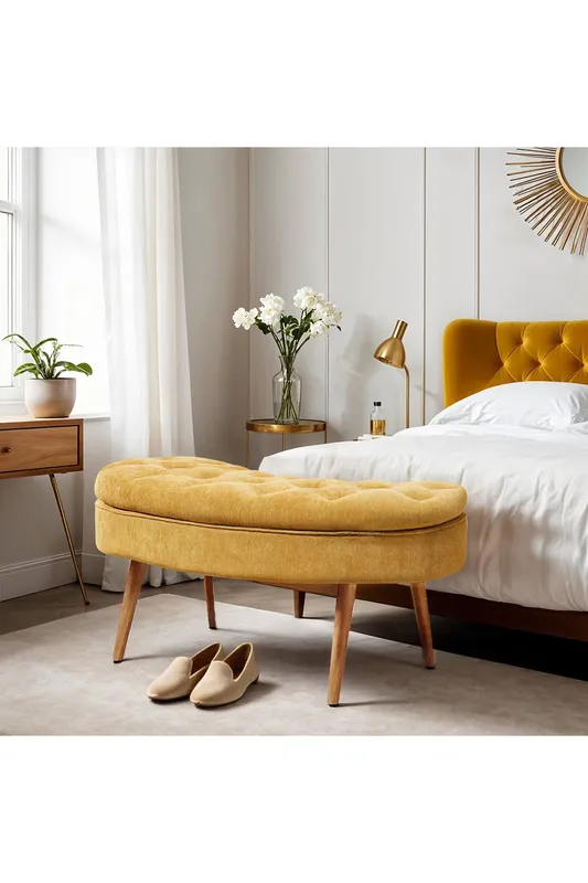 Living and Home Chenille Upholstered Button Tufted Storage Ottoman Bench in Yellow Yellow