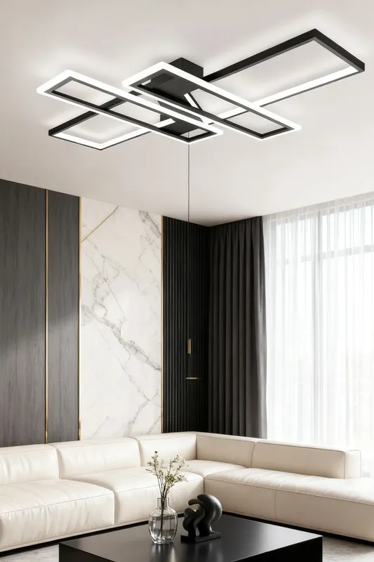 Living and Home Chic Geometric Interlaced Rectangular LED Ceiling Light in Black Black