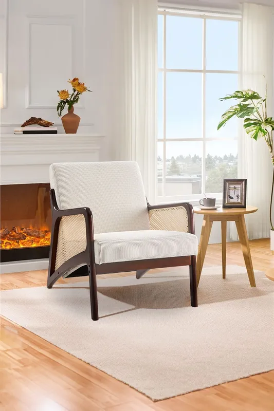 Living and Home Corduroy Beige Armchair with Rattan Armrest Beige