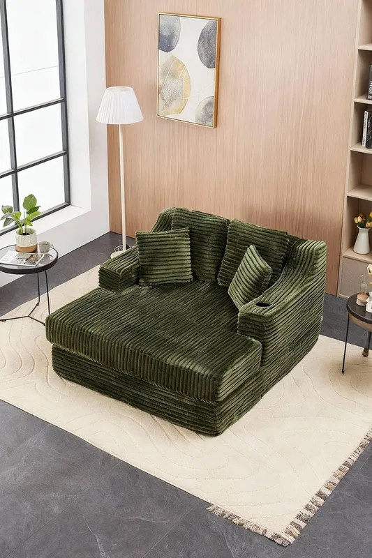 Living and Home Corduroy Chaise Lounge Sofa Bed in Green - Green