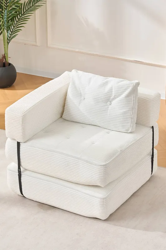 Living and Home Corduroy Folding Sofa Bed with Pillow in White - White