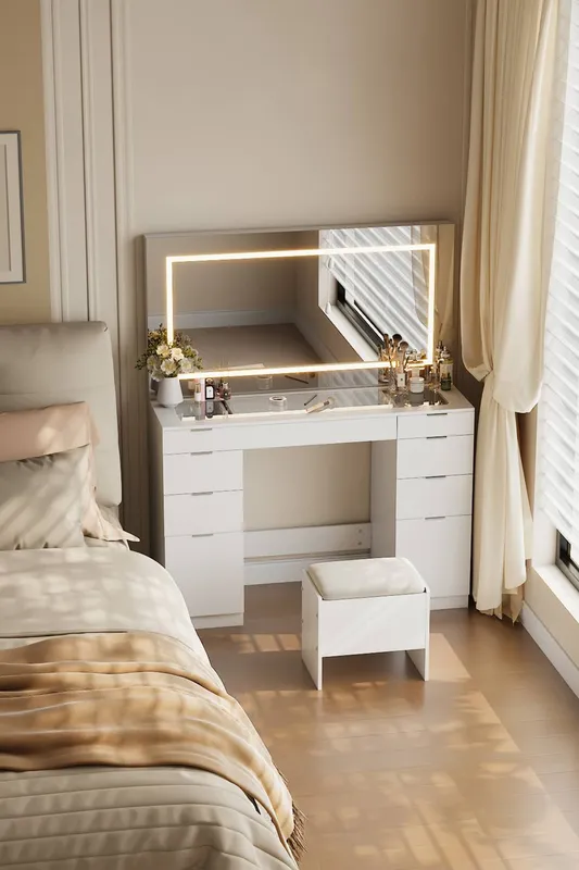 Living and Home Dressing Table with LED Illuminated Mirror in White - White - Size: One Size