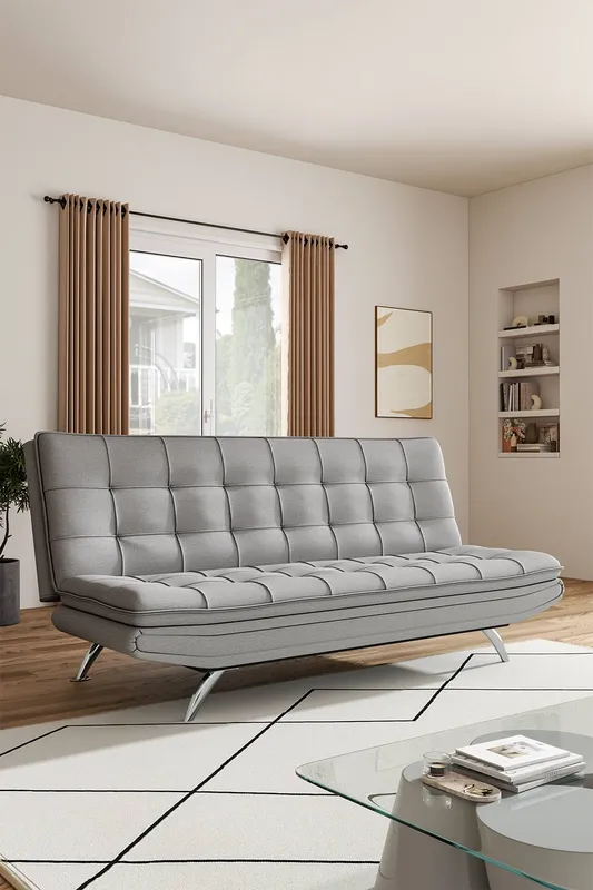 Living and Home Fabric 3-Seater Convertible Sofa Bed in Light Grey - Light Grey
