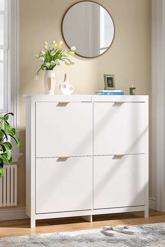 Living and Home Flip Down Wood Shoe Cabinet in White White