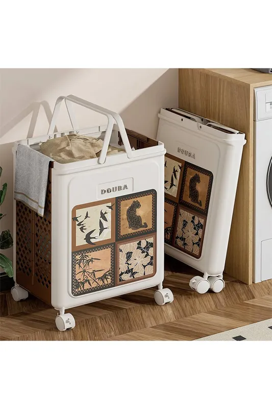 Living and Home Foldable Laundry Basket with Castors in Off-White Off-White