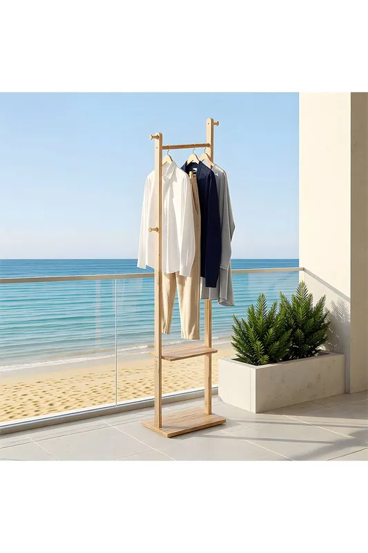 Living and Home Freestanding Wooden Clothes Rack with 5 Hooks in Beige Beige